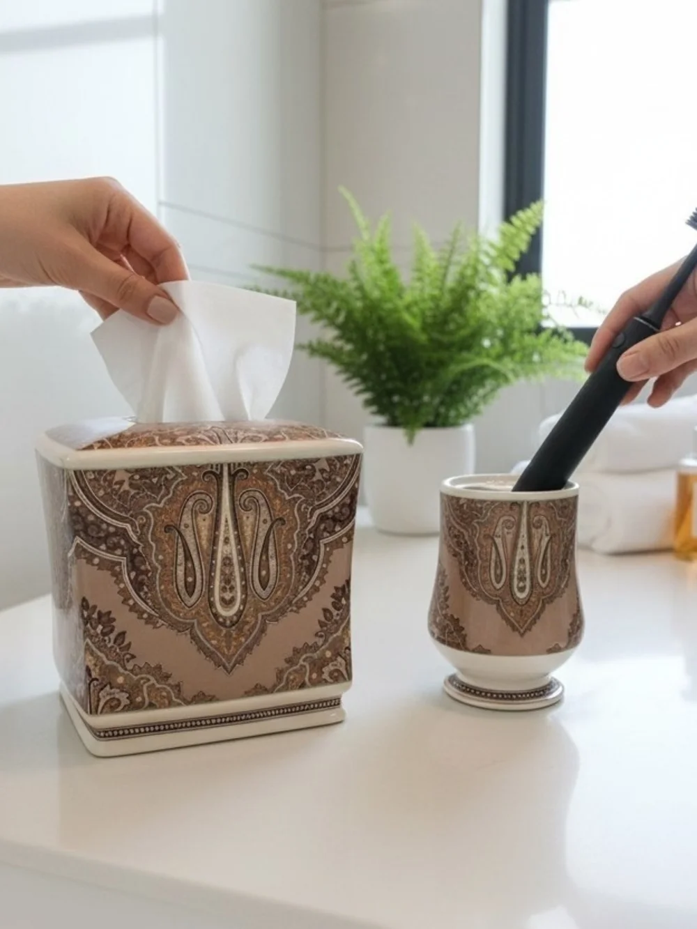 Croscill ceramic tissue box coverand Toothbrush Tan, Brown, and Gold Paisley.